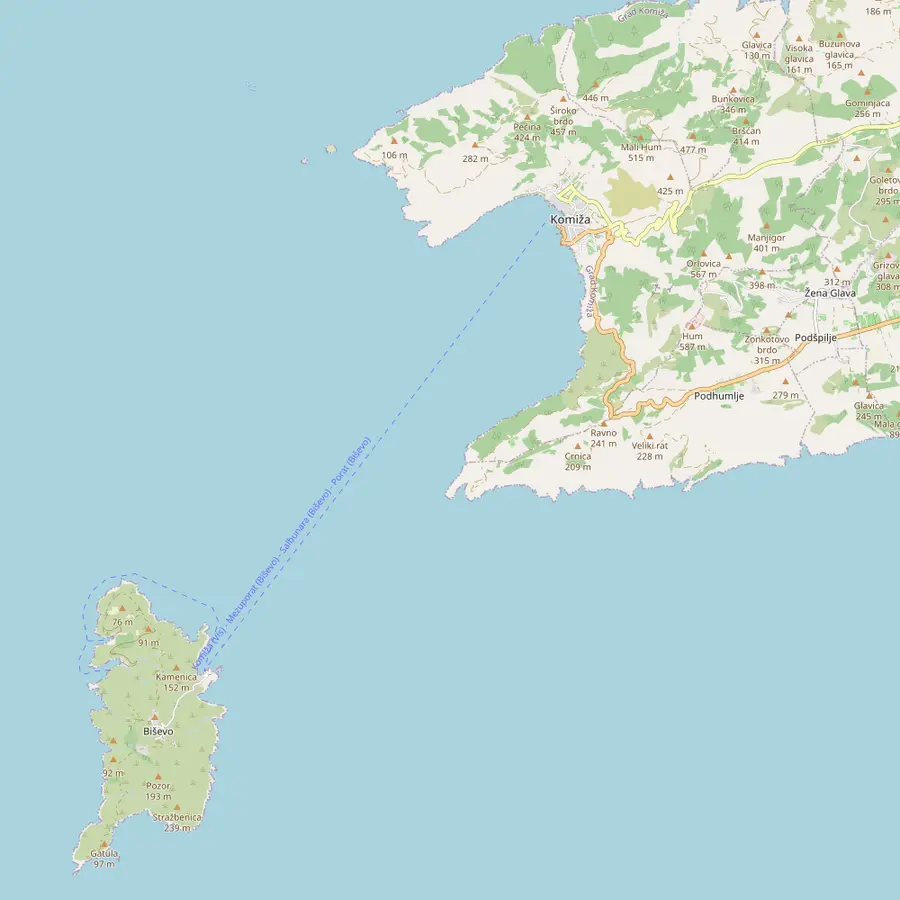 Map of the west end of Vis with Komiža and the cove of Pritišćina, and the islet of Biševo with the Blue Cave on its north-east shore