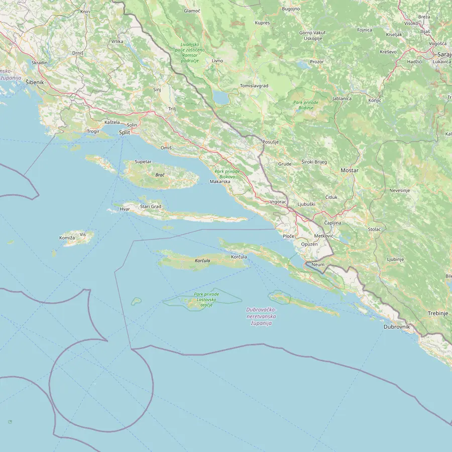 Map of the Dalmatian coast from Split and its airport past Hvar, Stari Grad and Vis to Dubrovnik and the Blue Cave on Koločep