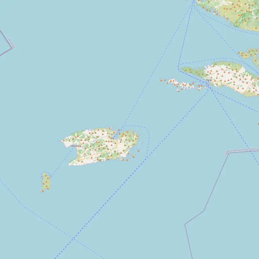 Map of the sea between Hvar town and Vis with the Pakleni islands, the Green Cave on Ravnik, Budikovac, Stiniva, Vis town, Komiža and the Blue Cave on Biševo
